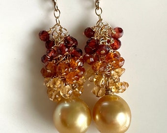 Ombré Garnet, Citrine, and Gold South Sea Pearl Earrings