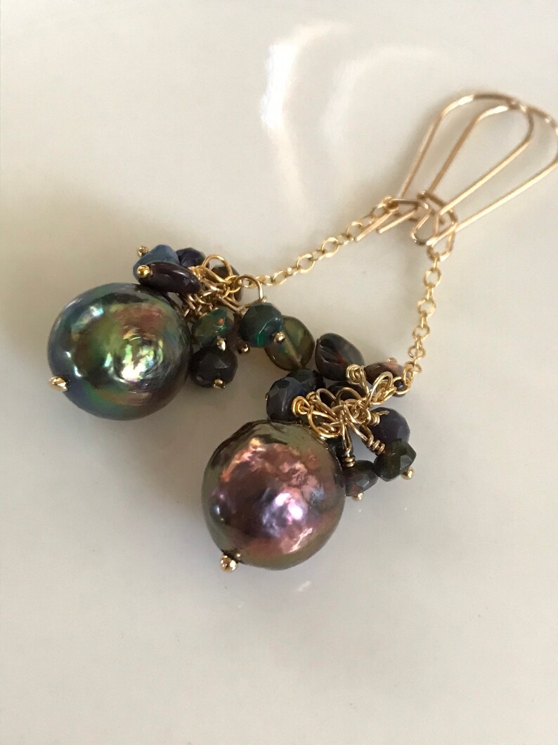 Black Edison Pearl and Ethiopian Opal Earrings image 10