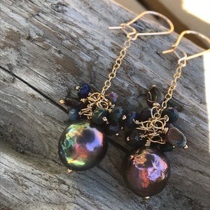 Black Edison Pearl and Ethiopian Opal Earrings image 9