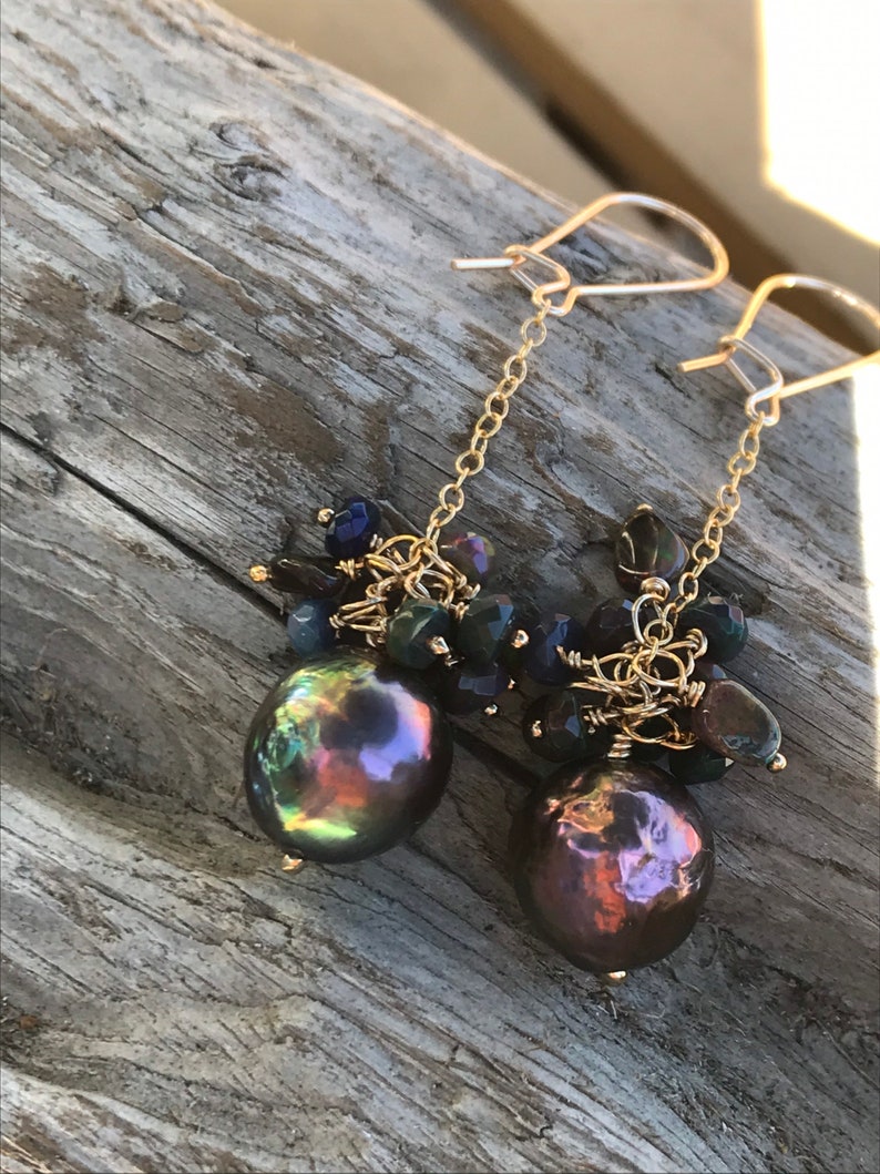 Black Edison Pearl and Ethiopian Opal Earrings image 9