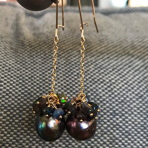 Black Edison Pearl and Ethiopian Opal Earrings image 2