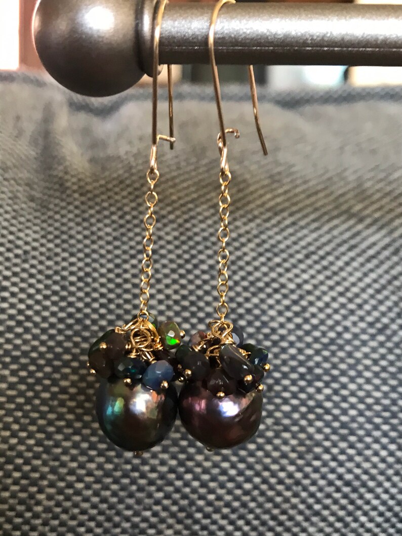 Black Edison Pearl and Ethiopian Opal Earrings image 2