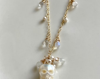 Skull Necklace - Moonstone and Carved Edison Pearl