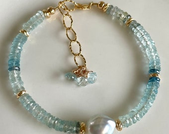 Aquamarine and Baroque South Sea Pearl Beaded Bracelet