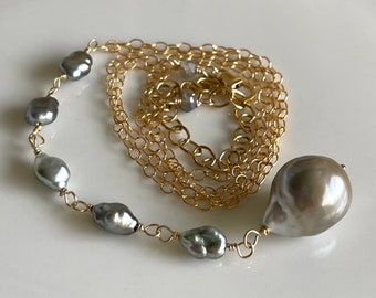 Silver Tahitian Keishi Pearl Y Necklace in Gold-fill