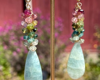 Natural Aquamarine and Multicolored Tourmaline Gemstone Earrings