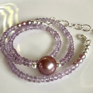 Pink Amethyst and Lavender Edison Pearl Beaded Gemstone Necklace