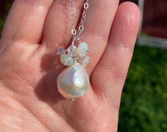 Edison Pearl with Ethiopian Opals Pendant Necklace