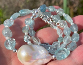 Aquamarine and Baroque Fireball Pearl Necklace