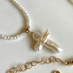 Dainty Pearl Necklace and Pearl Cross Pendant