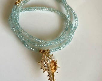 Aquamarine and Gold-filled Seashell Beaded Gemstone Necklace