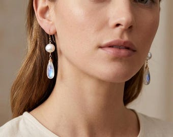 Edison Pearl and Rainbow Moonstone Drop Earrings