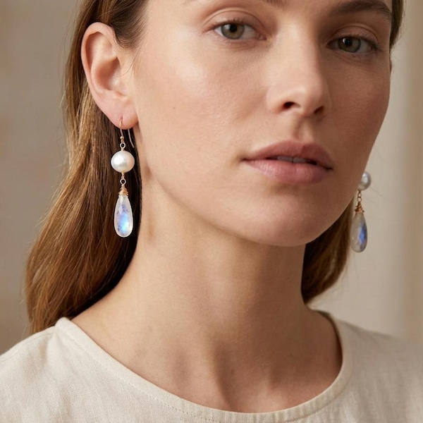 Edison Pearl and Rainbow Moonstone Drop Earrings