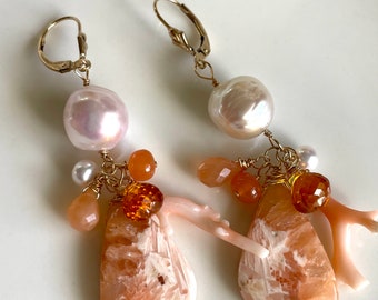 Peach Scolecite with Edison Pearl, Peach Moonstone, Branch Coral, and Padparadscha Sapphire