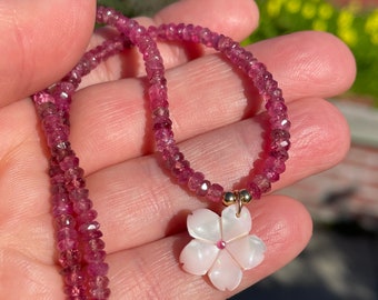 Pink Tourmaline and Pearl Sakura Blossom Beaded Gemstone Necklace