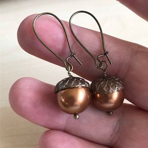 Little Acorn Earrings, Copper Swarovski Pearls in Antique Brass