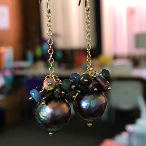 Black Edison Pearl and Ethiopian Opal Earrings image 8
