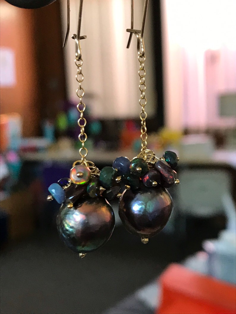 Black Edison Pearl and Ethiopian Opal Earrings image 8