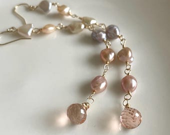 Keishi Pearl and Morganite Quartz Drop Earrings