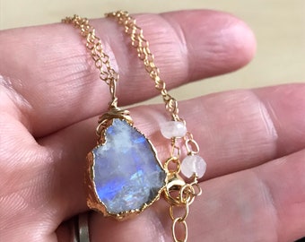 Raw Rainbow Moonstone and Gold-filled Necklace