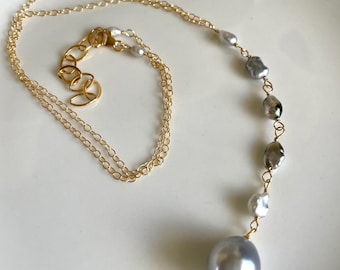 Silver Tahitian Keishi Pearl Y Necklace in Gold-fill
