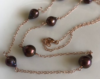 Brown Freshwater Edison Pearl and Rose Gold-filled Necklace