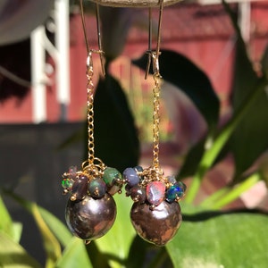 Black Edison Pearl and Ethiopian Opal Earrings image 6