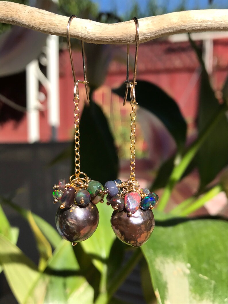 Black Edison Pearl and Ethiopian Opal Earrings image 6