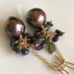 Black Edison Pearl and Ethiopian Opal Earrings image 5