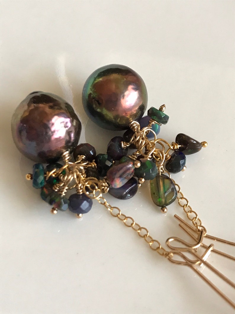 Black Edison Pearl and Ethiopian Opal Earrings image 5