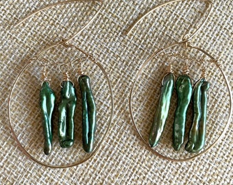 Green Biwa Pearl Gold-Filled Hoop Earrings