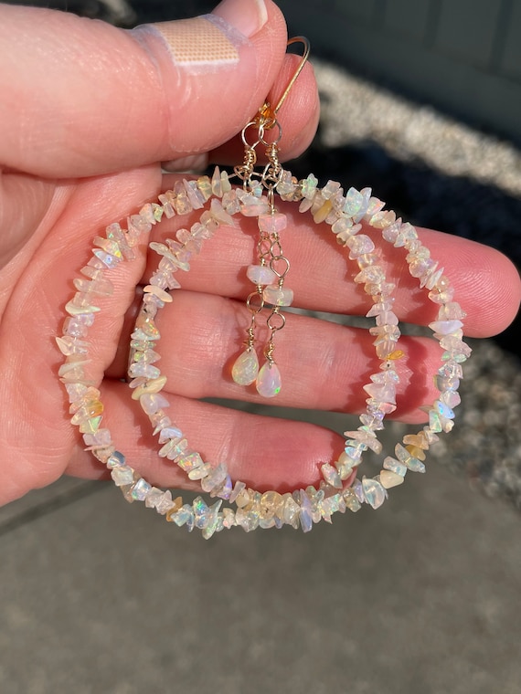 Ethiopian Opal Rough-cut Chip and Gold-filled Hoop Earrings