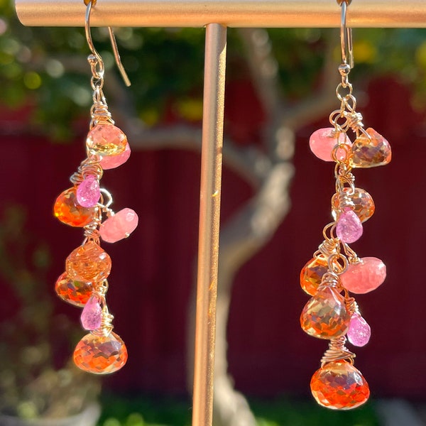 Mimosa Earrings - Orange Padparadscha, Rhodochrosite, and Pink Sapphire