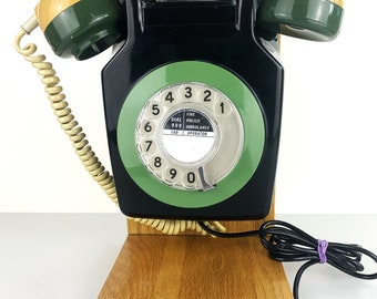 GPO Dial Telephone Converted To PSTN Plug In, Green, Black, Gold. Northampton Saints Rugby Colours. Fitted to Oak Stand  Desk Telephone.