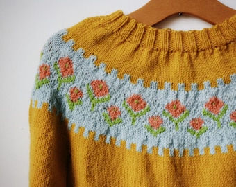 Vintage Chic round yoke fairisle sweater in worsted weight yarn. Adult pattern only
