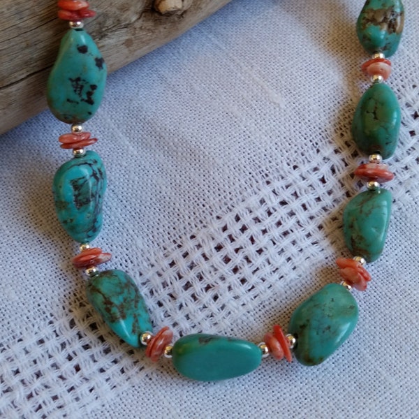 Turquoise, red spiny oyster, and sterling silver southwest necklace