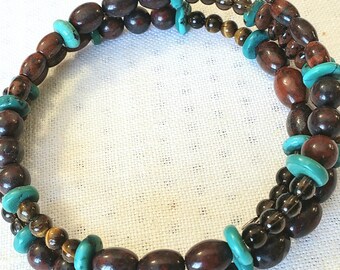 Brown gemstone and turquoise southwestern memory wire bracelet