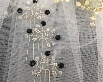 3 Black and Silver Bridal Vine Hair Pins, Wedding Hair Accessories, Wedding Prom Headpiece