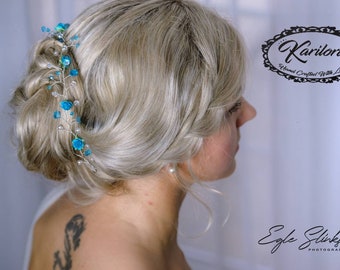 Bridal/Bridesmaids Hair Vine, Silver/Gold And Turquoise Mulberry Flowers Hair vine, wedding/ prom/ party hair accessories, headpiece ROSE