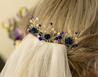 3 Royal Blue & Silver Floral Hair Pins, Wedding Hair Accessories, Wedding, Prom, Birthay, Party Headpiece