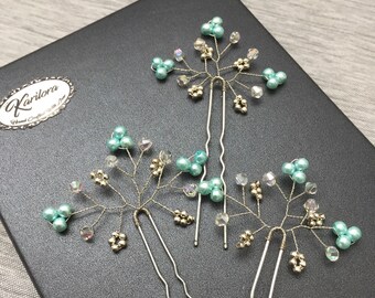 3 Mint/ aqua blue and Silver Bridal Vine Hair Pins, Wedding Hair Accessories, Wedding Prom Headpiece