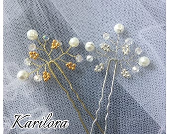 Bridal Vine Hair Pins, Wedding Hair Accessories, Silver or Gold Hair Pins, White pearl beads Hair Pins, Wedding, Bridesmaids, Prom, Party