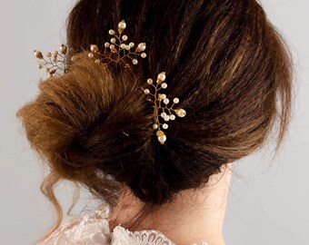 3 Gold or Silver/ ivory or white beads Bridal Vine Hair Pins, Wedding Hair Accessories, Wedding, Christmas, Prom, Party Headpiece