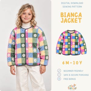 Puede incluir: Una chaqueta de manga larga con un patrón de cuadros multicolor y motivos de margaritas blancas. La chaqueta tiene cuello redondo, cierres de botones a presión y ribete gris oscuro. Texto: DIGITAL DOWNLOAD SEWING PATTERN BIANCA JACKET 6 M - 10 Y.