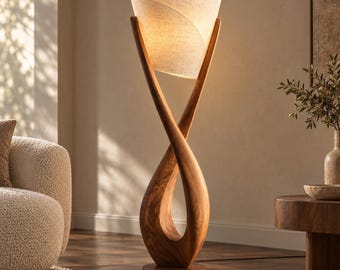 Sculptural Floor Lamp with Linen Look Shade, Walnut Tone Twist Design, Modern Living Room Lighting