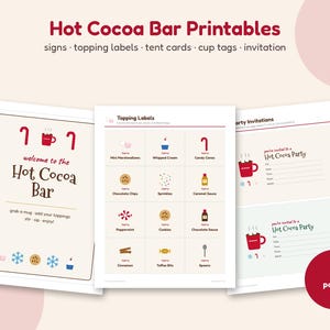 Op de afbeelding: Een set van 10 printbare pagina's voor een warme chocolademelkbar, inclusief borden, labels, kaartjes, bekertags en uitnodigingen. De ontwerpen bevatten rode en bruine tekst met iconen van mokken, zuurstokken en sneeuwvlokken.