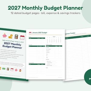 Op de afbeelding: Een maandelijkse budgetplanner voor 2027 met 20 pagina's, inclusief een voorpagina, een budgetblad voor januari 2027 en een onkostenoverzicht. De pagina's bevatten groene en donkere tekst met diverse iconen.