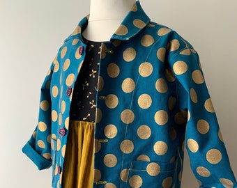 Kids jacket made with Japanese cotton with gold polka dots, kids unisex jacket for 3-4 years old