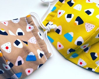 Made to order Japanese onigiri print face cover, face mask made with cotton and double gauze/muslin cotton washable face mask three layers