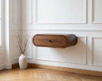 Comodino a parete, comodino sospeso in legno massello di mango, cassetto rotondo, mobile minimalista per camera da letto, finitura castagno